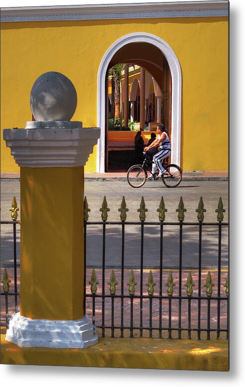 Valladolid Metal Print featuring the photograph Valladolid Colors - street scene with bicyclist and yellow architecture by Peter Herman