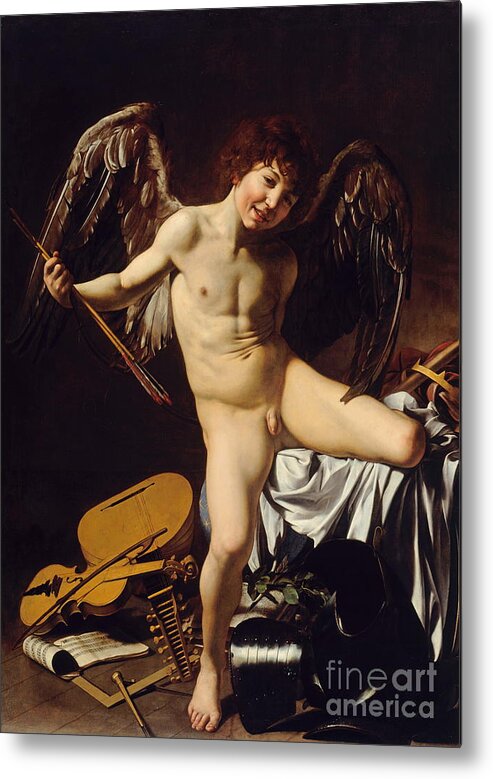 Amor Victorious Metal Print featuring the painting Victorious Cupid by Michelangelo Merisi da Caravaggio