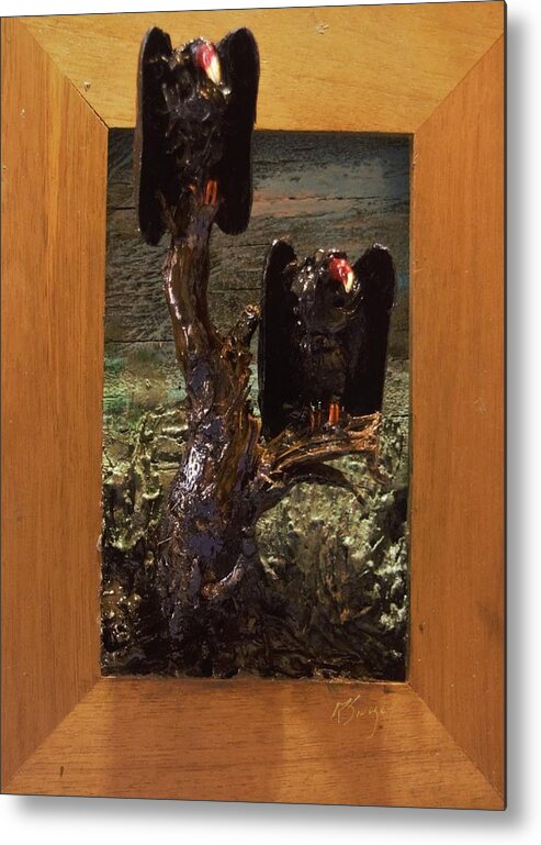 Perched Vultures Metal Print featuring the mixed media Vultures Projecting from Frame by Roger Swezey