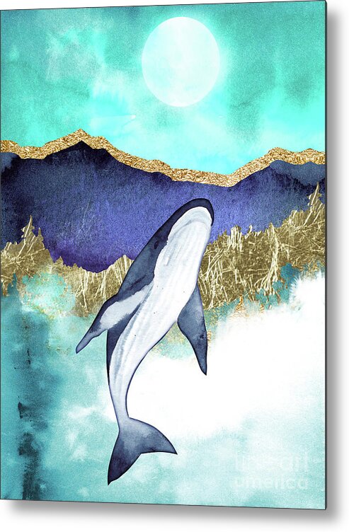 Blue Whale Metal Print featuring the painting Whale And Moon by Garden Of Delights
