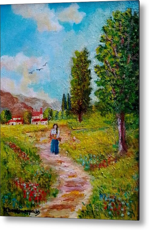 Landscapes Metal Print featuring the painting Walk on Spring pathway by Konstantinos Charalampopoulos