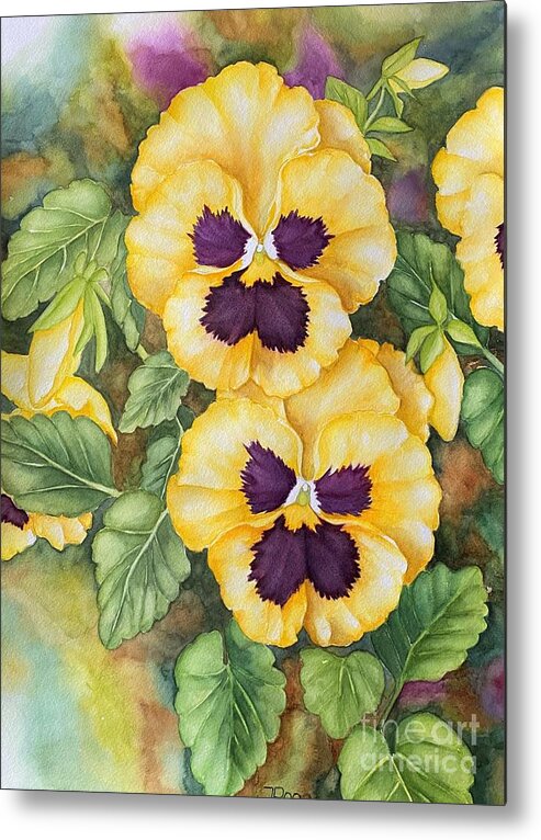 Pansy Metal Print featuring the painting Yellow pansies, colorful smile by Inese Poga