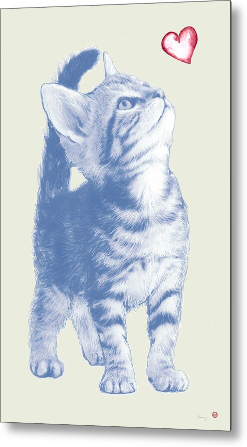 Dog Stylised Pop Morden Art Drawing Sketch Portrait. Pet Metal Print featuring the drawing Cat with love hart pop modern art etching poster by Kim Wang