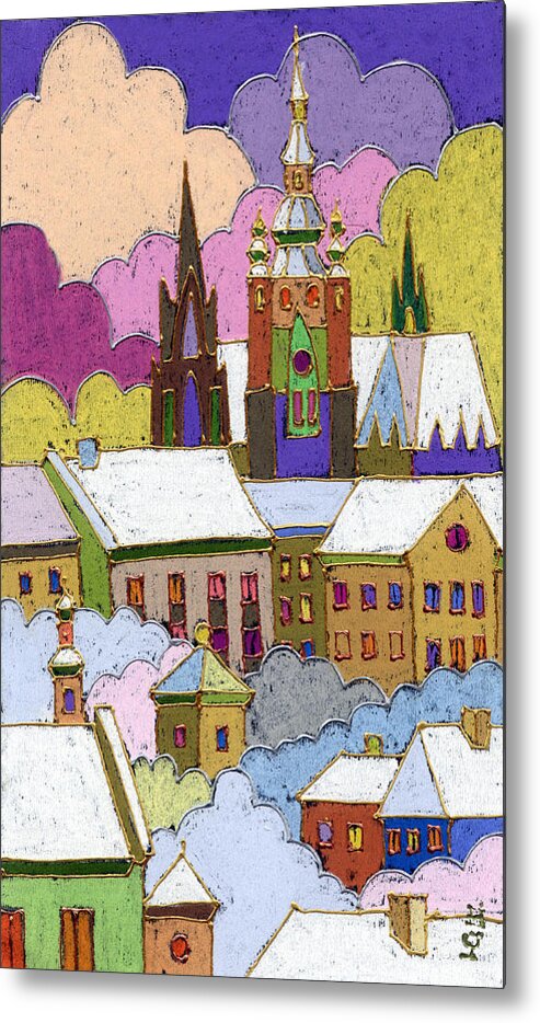 Pastel Metal Print featuring the painting Prague Old Roofs Prague Castle Winter by Yuriy Shevchuk
