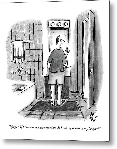 #condenastnewyorkercartoon Metal Print featuring the drawing A Guy Is Standing In Front Of The Mirror by Frank Cotham