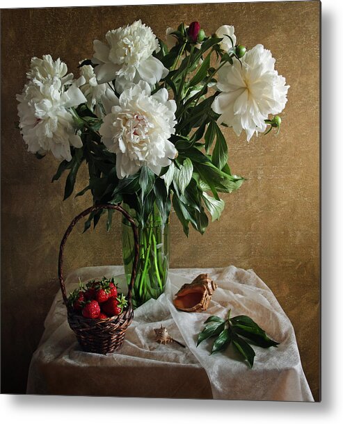 Antique Metal Print featuring the painting Bouquet peonies flowers by Vitaliy Gladkiy