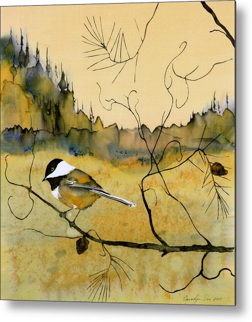 Chickadee Metal Print featuring the tapestry - textile Chickadee In Dancing Pine by Carolyn Doe