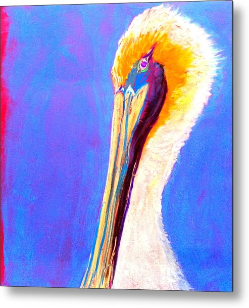 Bird Pelican Portrait Face Colorful Whimsical Quirky Decorative Colourful Bright Vibrant Pastel Soft Pastels Soft-pastels Painting Pretty Unique Style Bold Strokes Birdie Birds Birdies Heart-warming Cute White Child's-room Childs Child's Room Vivid Drawing Sketch Loose Distinctive Funny Fun Metal Print featuring the painting Cute Pelican by Sue Jacobi