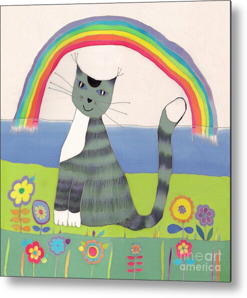 Cat Metal Print featuring the tapestry - textile Grey cat under rainbow by Yana Vergasova