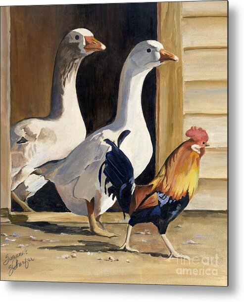 Barnyard Animals Metal Print featuring the painting He Who Hesitates Loses by Suzanne Schaefer