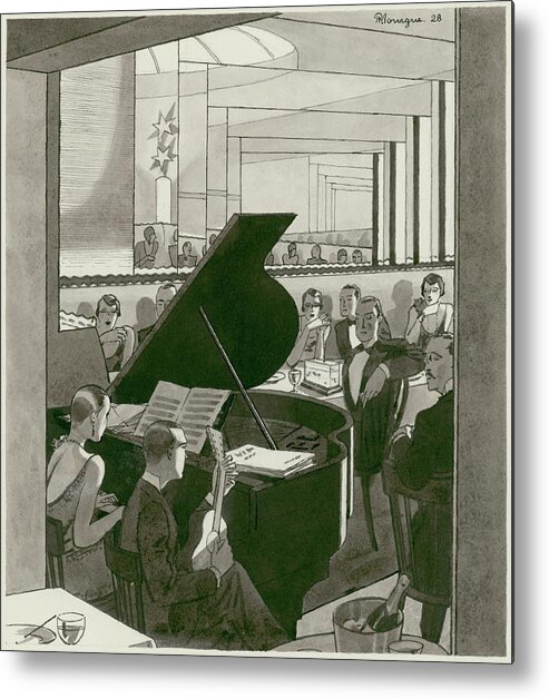 Illustration Metal Print featuring the digital art Musicians Entertain Patrons by Pierre Mourgue
