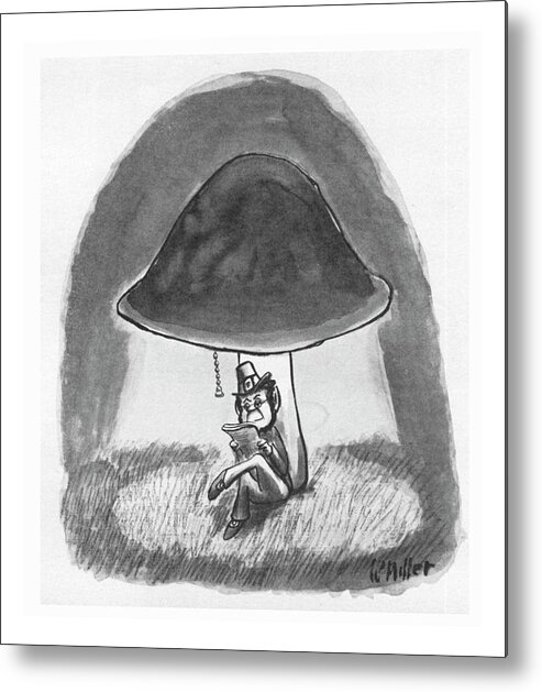 75809 Wmi Warren Miller (a Leprechaun Reads With Light From Lamp-like Mushroom.) Book Fantasy Lamp-like Legend Leprechaun Light Lite Magazine Mushroom Mushrooms Myth Mythological Mythology Newspaper Outdoors Read Reading Reads Metal Print featuring the drawing New Yorker October 16th, 1978 by Warren Miller