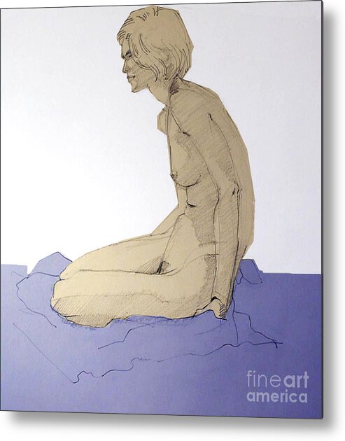 Nude Metal Print featuring the drawing Nude figure in blue by Greta Corens