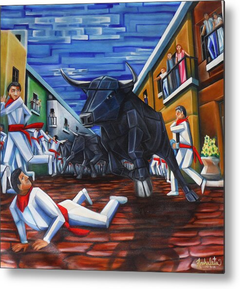 Spain Metal Print featuring the painting The Bull Run in Pamplona by Ruben Archuleta - Art Gallery