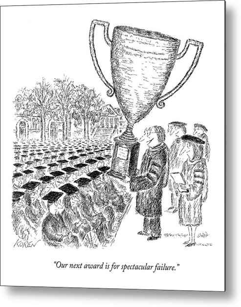 Trophies Metal Print featuring the drawing Two Men On Stage Giving Awards And Trophies. One by Edward Koren
