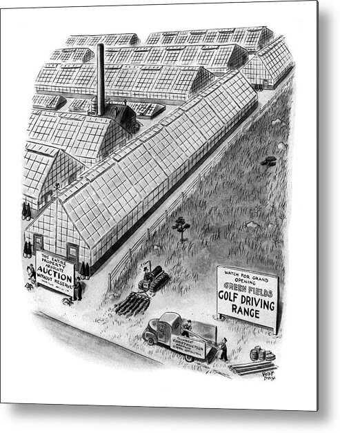(signs In Adjacent Lots Read Metal Print featuring the drawing 'watch For Grand Opening: Screen Fields Golf by Robert J. Day