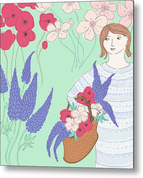 20-25 Metal Print featuring the photograph Woman In Garden With Basket Of Flowers by Ikon Ikon Images