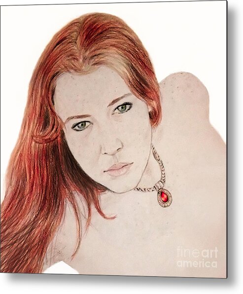 Drawing Metal Print featuring the drawing Red Hair and Freckled Beauty #1 by Jim Fitzpatrick