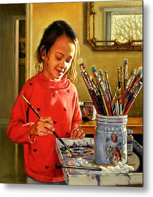Young Girl Painting Metal Print featuring the painting Young Artist #1 by John Lautermilch