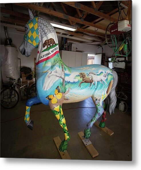 Painting Mural Life Size Fiberglass Horse Statue Breeders Cup 2017 Art Of The Horse California Harmony Waves Beach California State Flag Fish Poppy Poppies Us Flag Egret California Butterfly Surf Board Cactus Quail Blue Heron Horse Mask Race Horse California Chrome Palm Trees Tish Wynne Metal Print featuring the painting Breeders Cup Fiberglass Horse left by Tish Wynne