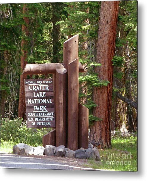 Crater Lake Entrance Sign Metal Print featuring the photograph Crater Lake Entrance Sign by Two Hivelys