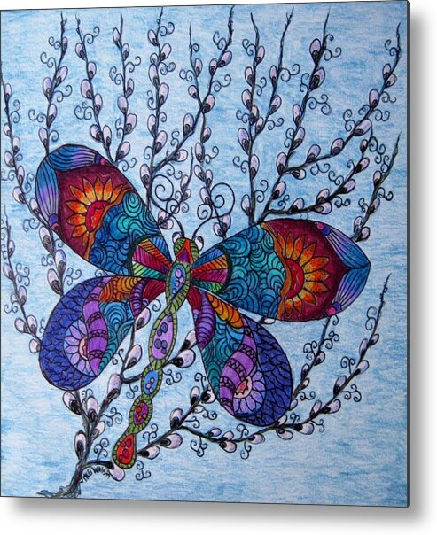 Dragon Flies Metal Print featuring the drawing Dragonfly and Pussywillows by Megan Walsh