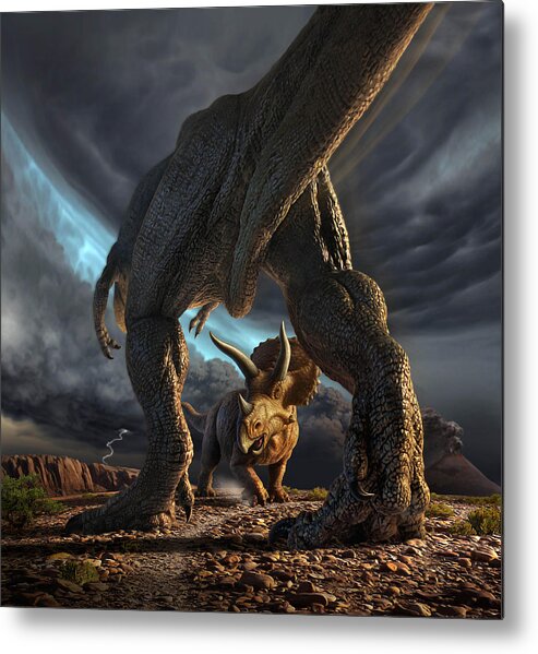 Dinosaur Metal Poster featuring the digital art Face Off by Jerry LoFaro
