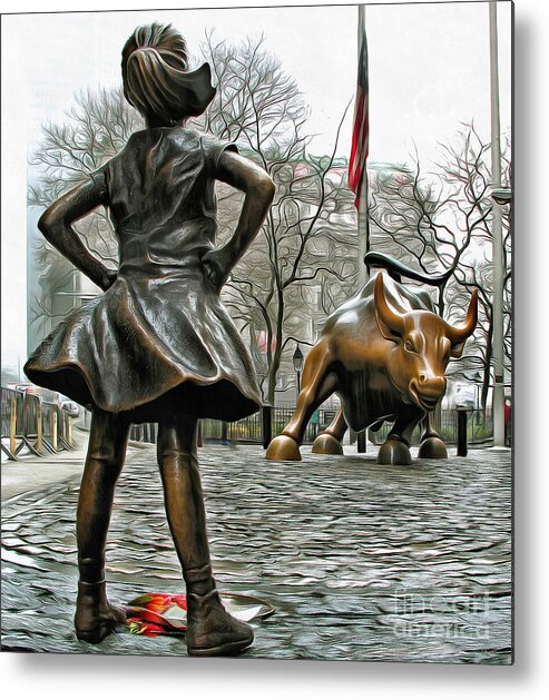 Fearless Girl Statue Metal Print featuring the photograph Fearless Girl and Wall Street Bull Statues 5 by Nishanth Gopinathan
