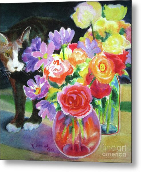 Paintings Metal Print featuring the painting Floral Arrangement and Curious Cat by Kathy Braud