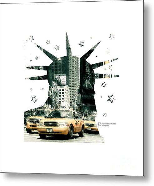 Graphical Metal Print featuring the photograph Lady Liberty And The Yellow Cabs by Hannes Cmarits