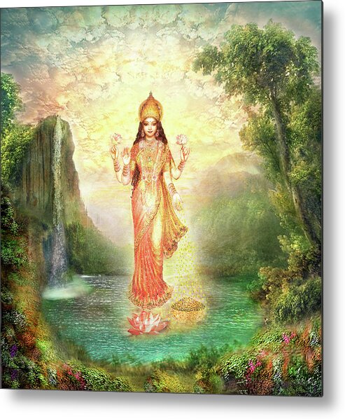 Devi Metal Print featuring the mixed media Lakshmi with the Waterfall 2 by Ananda Vdovic