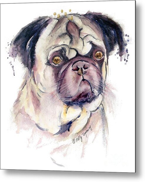 Pug Metal Print featuring the painting Mr Thinker Pug watercolor by Melly Terpening