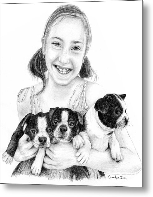 Girl Metal Print featuring the drawing My Puppies by Mike Ivey