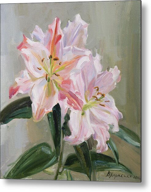 Victoria Kharchenko Metal Print featuring the painting Pink lilies by Victoria Kharchenko