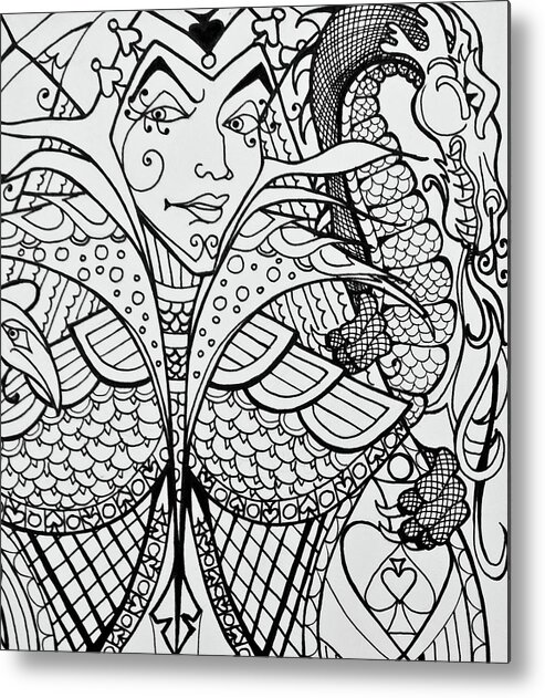 Queen Of Spades Metal Print featuring the drawing Queen Of Spades Close Up With Dragon by Jani Freimann