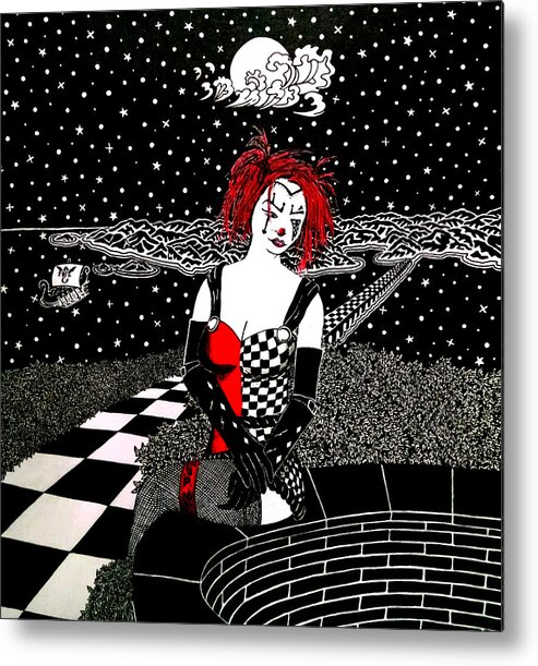 Black And White Metal Print featuring the drawing Scarlet Checkers by Red Gevhere