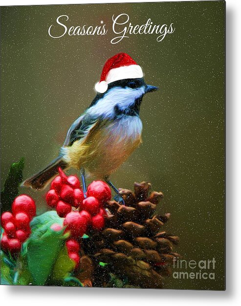 Seasons Greeting Card Metal Print featuring the photograph Seasons Greetings Chickadee by Tina LeCour