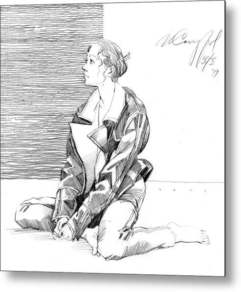 Igor Sakurov Metal Print featuring the drawing Sitting Girl in the Leather Jacket by Igor Sakurov
