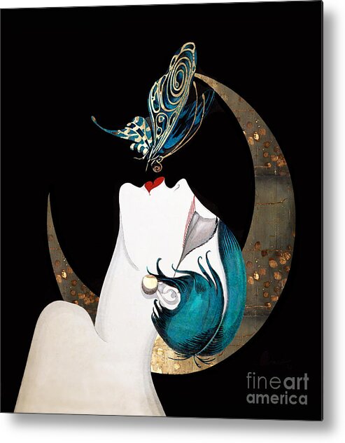 Beautiful Metal Print featuring the painting Butterfly Kiss French Art Deco Woman Remix by Tina Lavoie