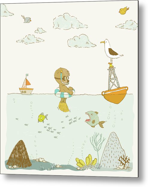 Whimsical Metal Print featuring the painting Cute bear and other animals whimsical ocean scene by Matthias Hauser