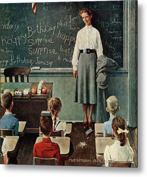 Birthdays Metal Print featuring the painting happy Birthday, Miss Jones by Norman Rockwell