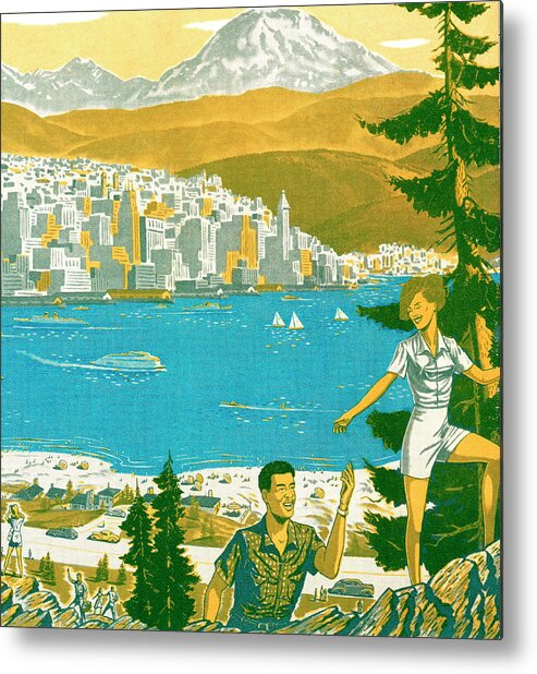 Activity Metal Poster featuring the drawing Man and Woman Hiking with View of Lake City and Mountain by CSA Images