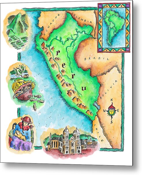 Watercolor Painting Metal Print featuring the digital art Map Of Peru by Jennifer Thermes