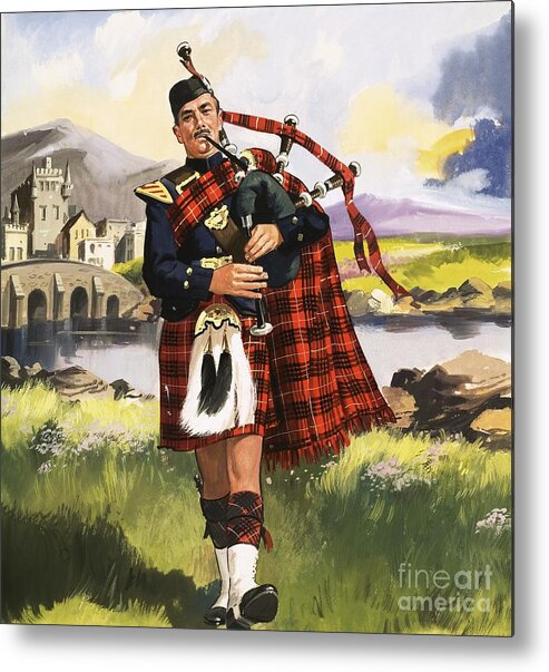 Kilt Metal Print featuring the painting Scotsman Playing Bagpipes by English School