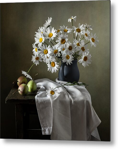 Still Life Metal Print featuring the photograph Still Life With Daisies And Pears by Olga Aleksandrovna