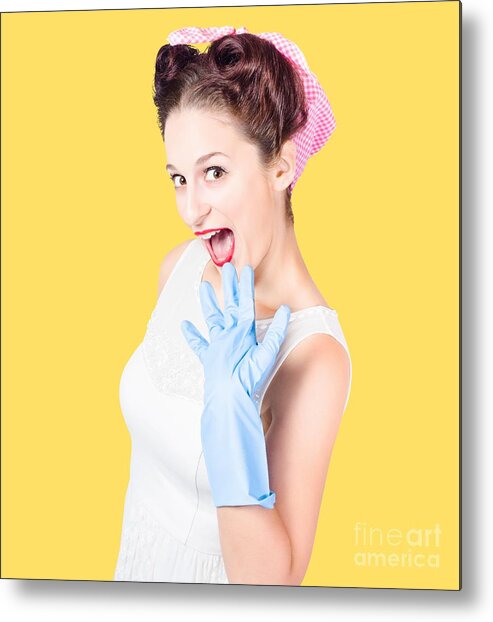 Pinup Metal Print featuring the photograph Stunned cleaning house wife wearing rubber glove by Jorgo Photography