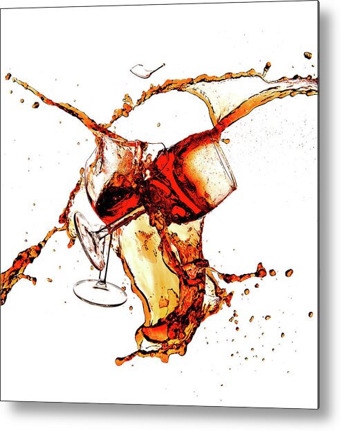 Damaged Metal Print featuring the photograph Broken wine glasses with wine splashes on a white background #4 by Michalakis Ppalis