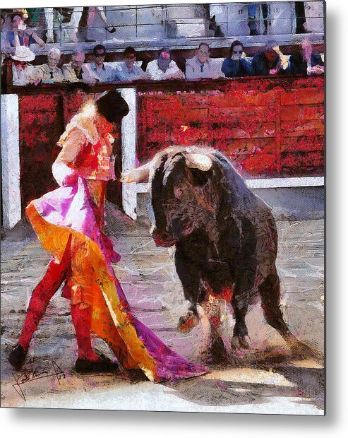Bull Metal Print featuring the painting Bullfighting in Spain by Charlie Roman