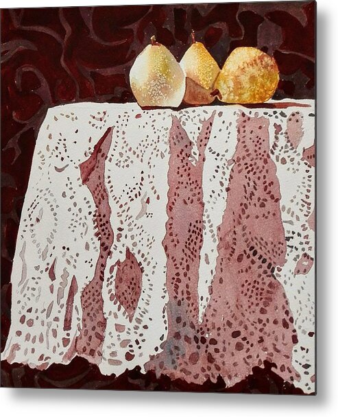 Still Life Metal Print featuring the painting Pears and Lace by Sandie Croft
