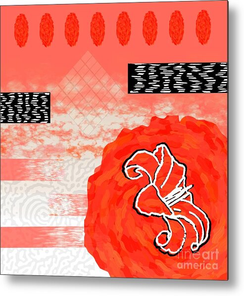 Red Metal Print featuring the digital art Red Peach Motif Collage Design for Home Decor by Delynn Addams